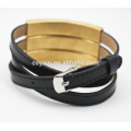 Chic Wide Black Leather Bracelets with Stainless Steel Clasp